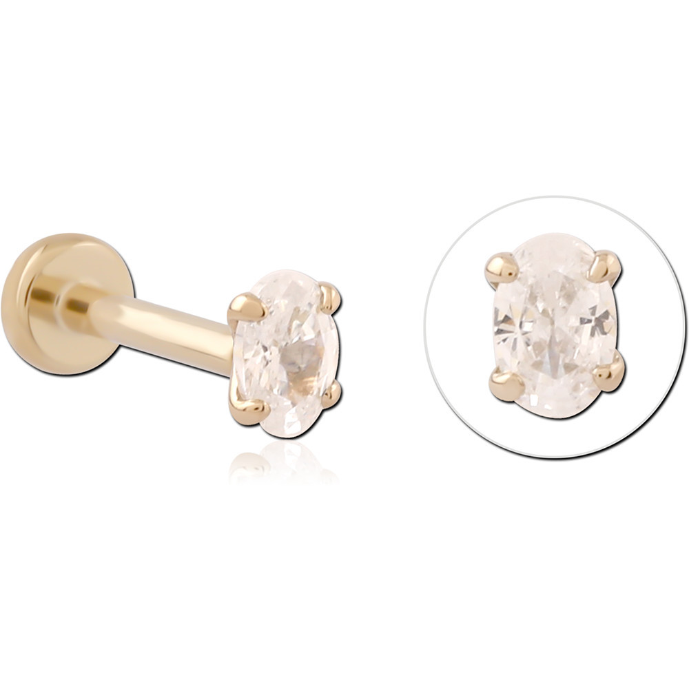 14K YELLOW GOLD THREADLESS LABRET OVAL GEM SOLITAIRE CLASSIC DESIGN