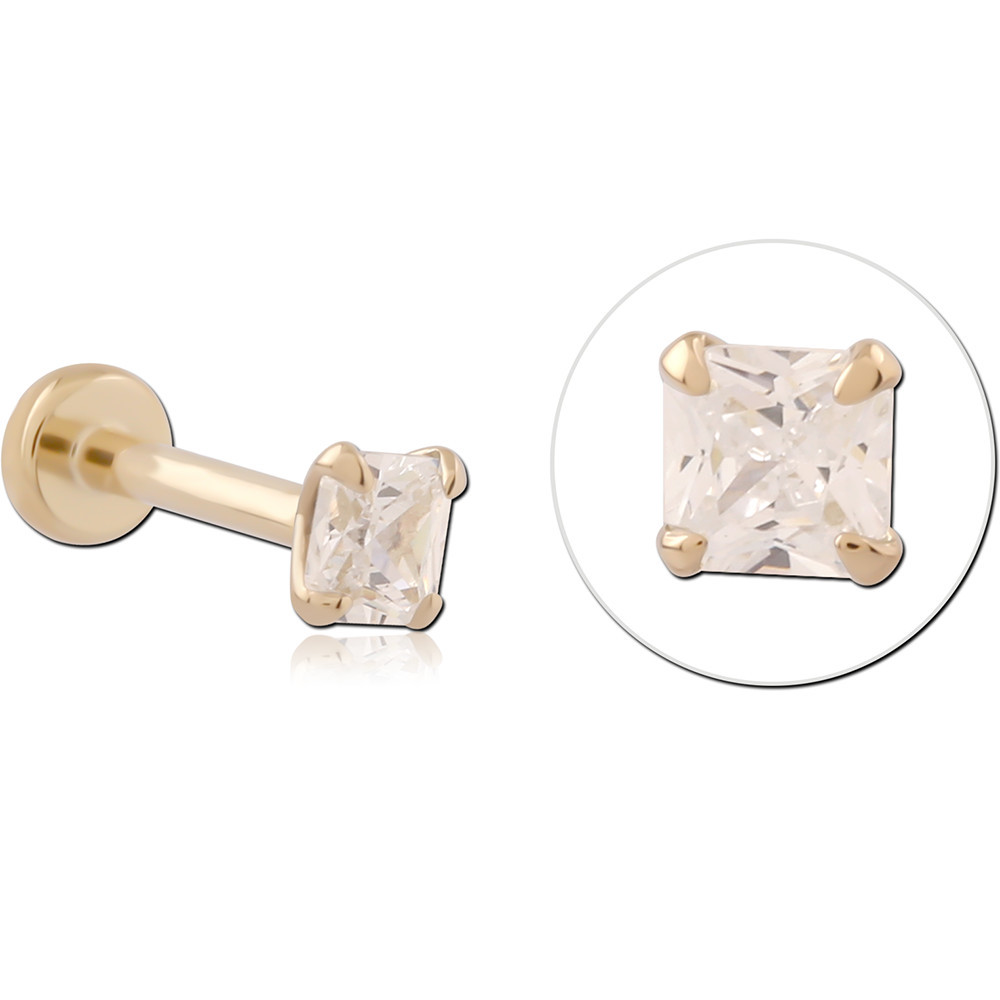 14K YELLOW GOLD THREADLESS LABRET PRONG SET PRINCESS CUT CLEAR GEM