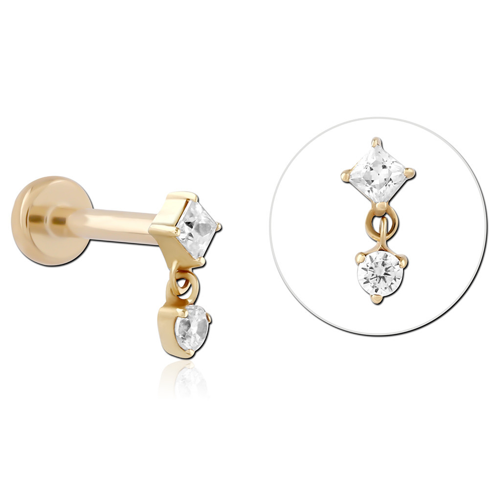 14K YELLOW GOLD TOP WITH TITANIUM THREADLESS LABRET SQUARE GEM WITH ROUND GEM CHARM