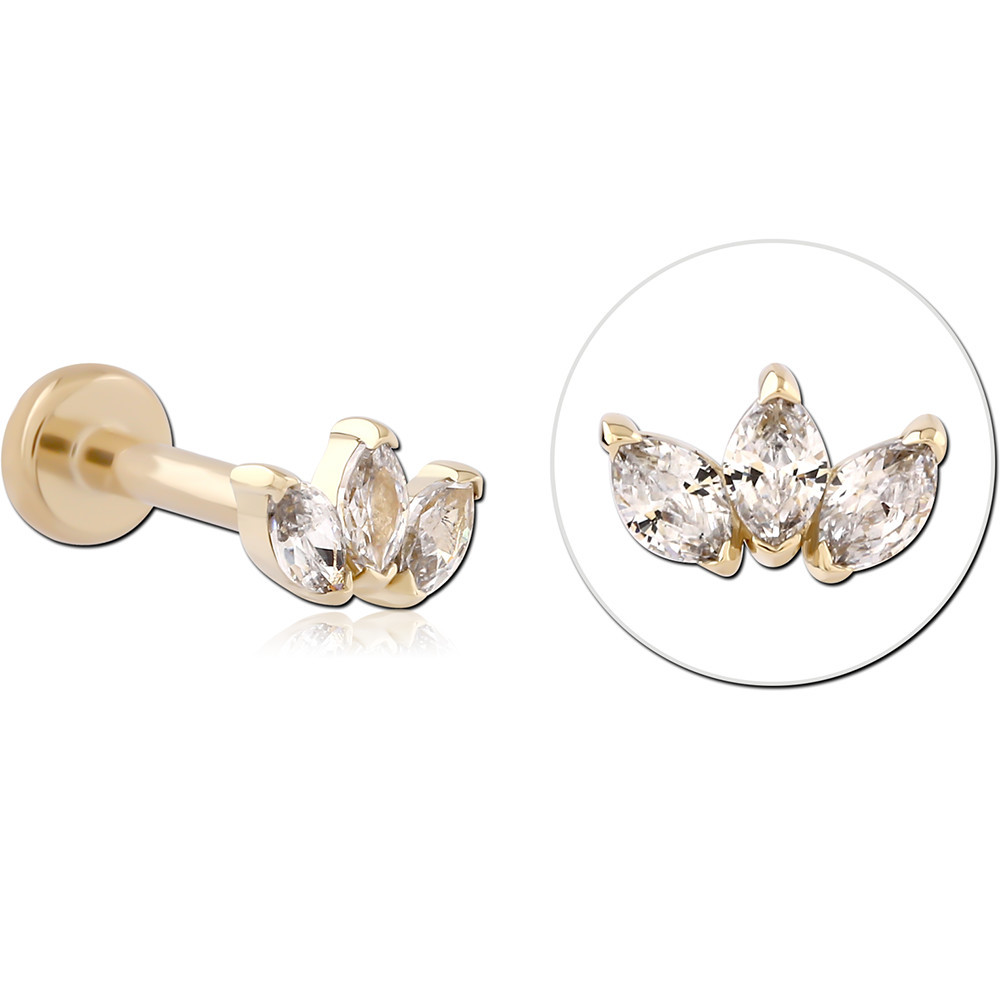 14K YELLOW GOLD TOP WITH TITANIUM THREADLESS LABRET TRIPLE MARQUISE GEM FAN