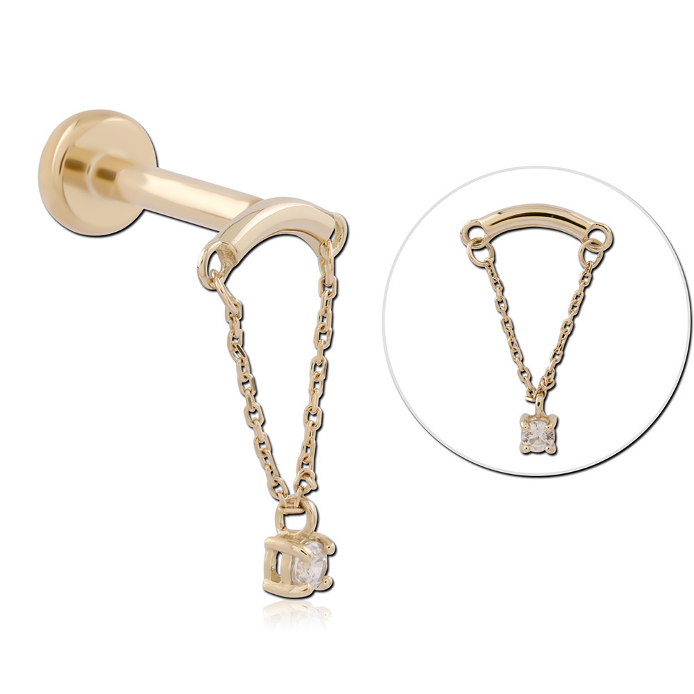 14K YELLOW GOLD TOP WITH GOLD PVD TITANIUM THREADLESS LABRET WITH CHAIN GEM CHARM