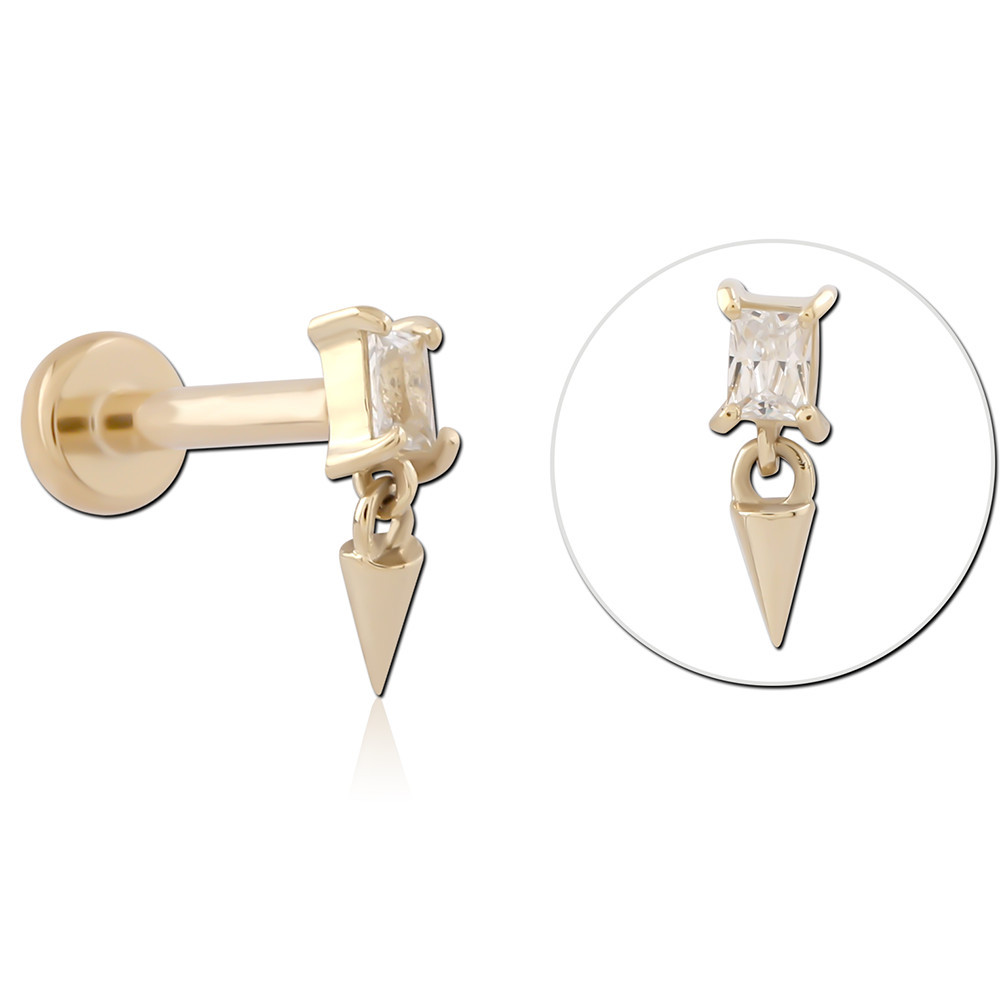 14K GOLD TOP WITH GOLD PVD TITANIUM THREADLESS LABRET SQUARE GEM WITH SPIKE CHARM