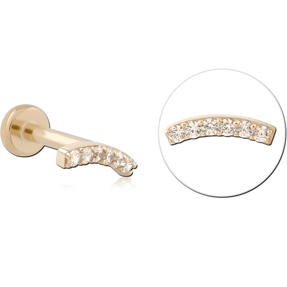 14K YELLOW GOLD TOP WITH GOLD PVD TITANIUM THREADLESS LABRET CURVED PAVE BAR