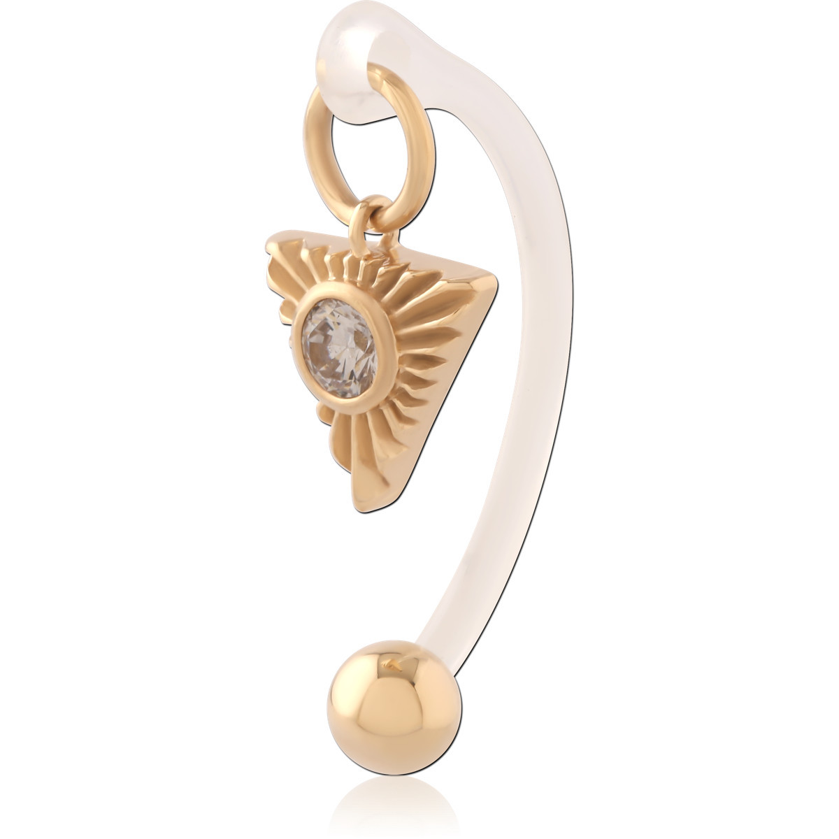 GOLD PVD 18K COATED SURGICAL STEEL TRIANGLE WITH BIOFLEX CURVED BARBELL WITH GEM CHARM