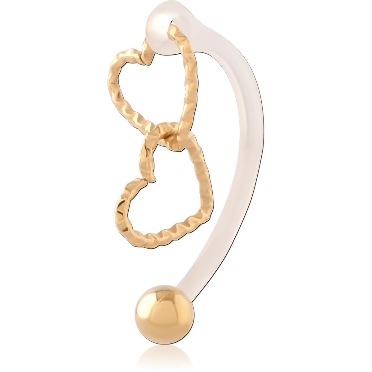 GOLD PVD 18K COATED SURGICAL STEEL DOUBLE HEART WITH BIOFLEX CURVED BARBELL WITH CHARM