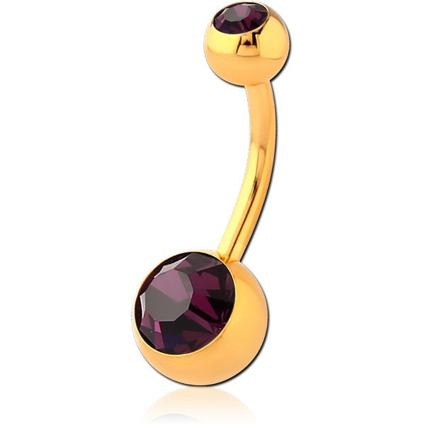GOLD PVD COATED SURGICAL STEEL DOUBLE SWAROVSKI CRYSTALS JEWELLED NAVEL BANANA