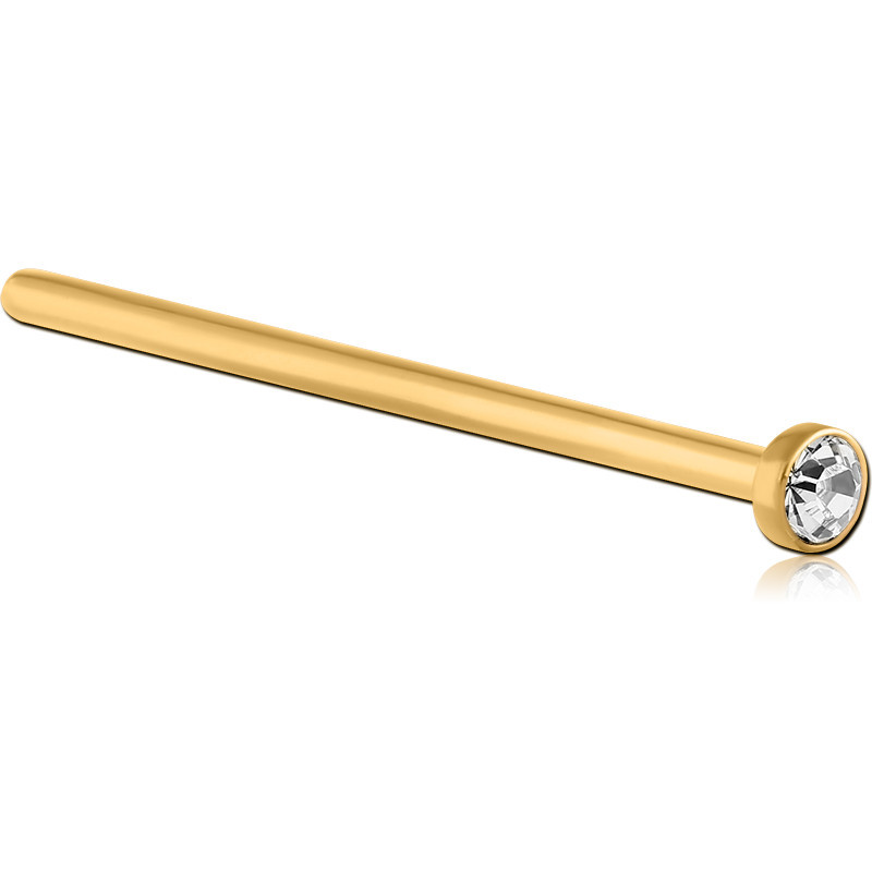 GOLD PVD COATED SURGICAL STEEL PREMIUM CRYSTAL JEWELED STRAIGHT NOSE STUD 19MM