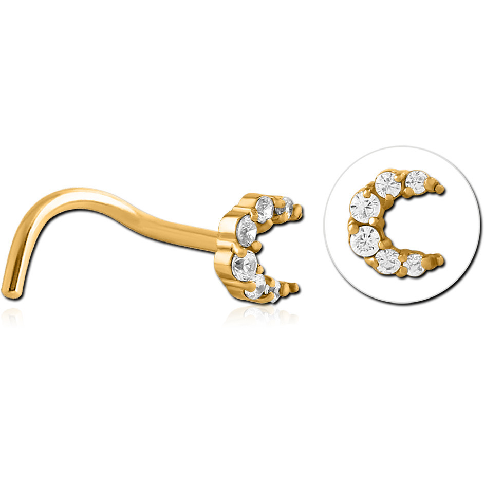 GOLD PVD COATED SURGICAL STEEL CURVED JEWELLED NOSE STUD