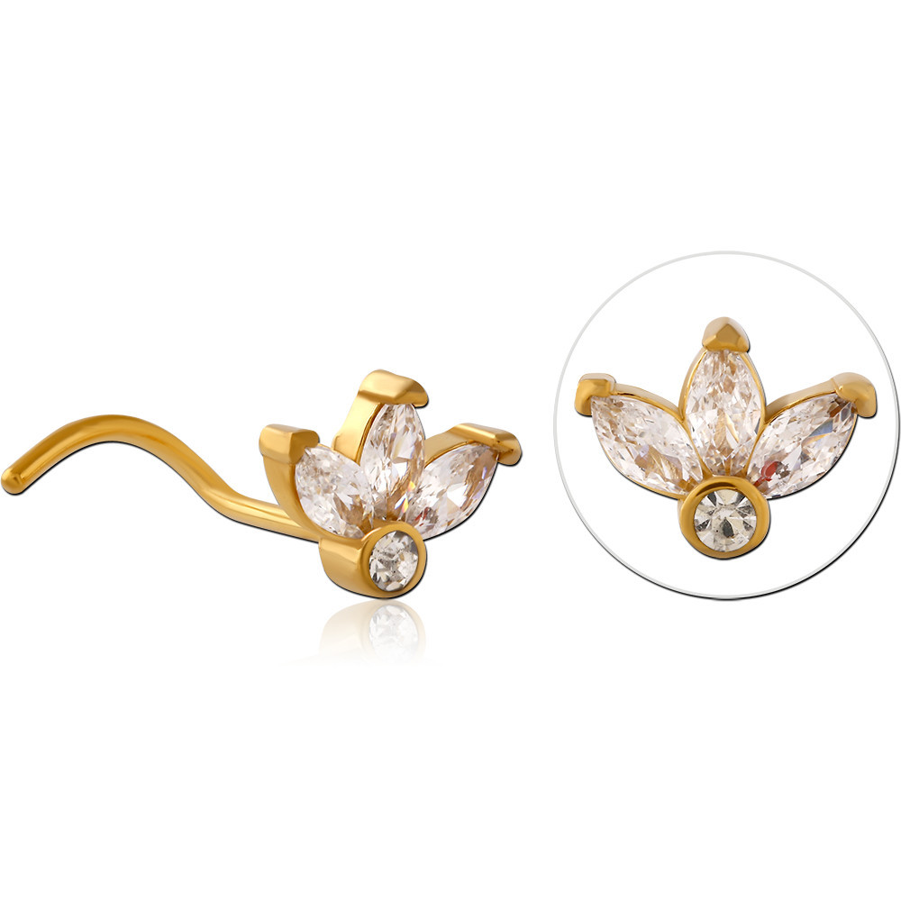 GOLD PVD COATED SURGICAL STEEL CURVED JEWELLED NOSE STUD