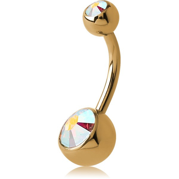 ANODISED GOLD PVD COATED TITANIUM DOUBLE SWAROVSKI CRYSTAL JEWELLED NAVEL BANANA