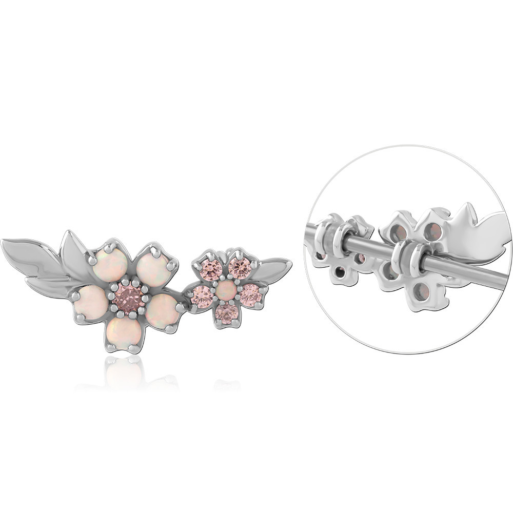 SURGICAL STEEL INDUSTRIAL SLIDING CHARM FLORAL CLUSTER AND LEAF WITH GEMS