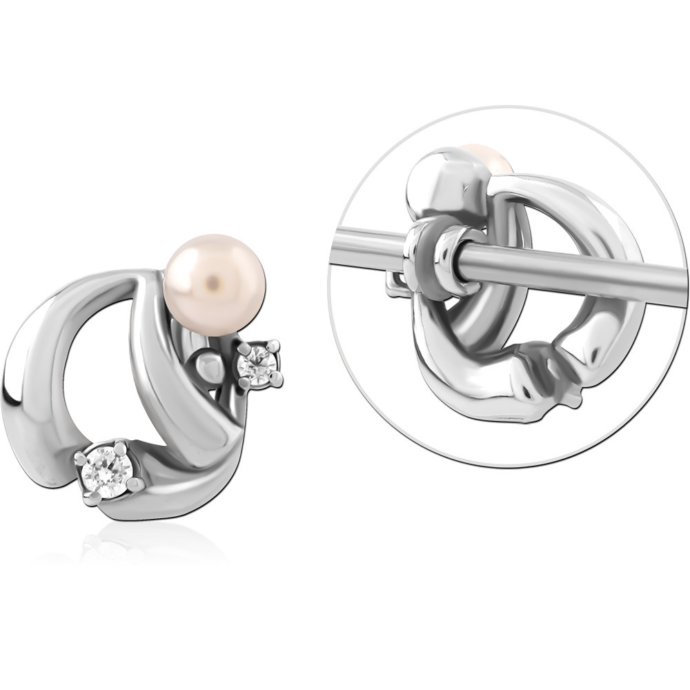 SURGICAL STEEL INDUSTRIAL SLIDING CHARM ABSTRACT CURVE WITH PEARL AND GEM