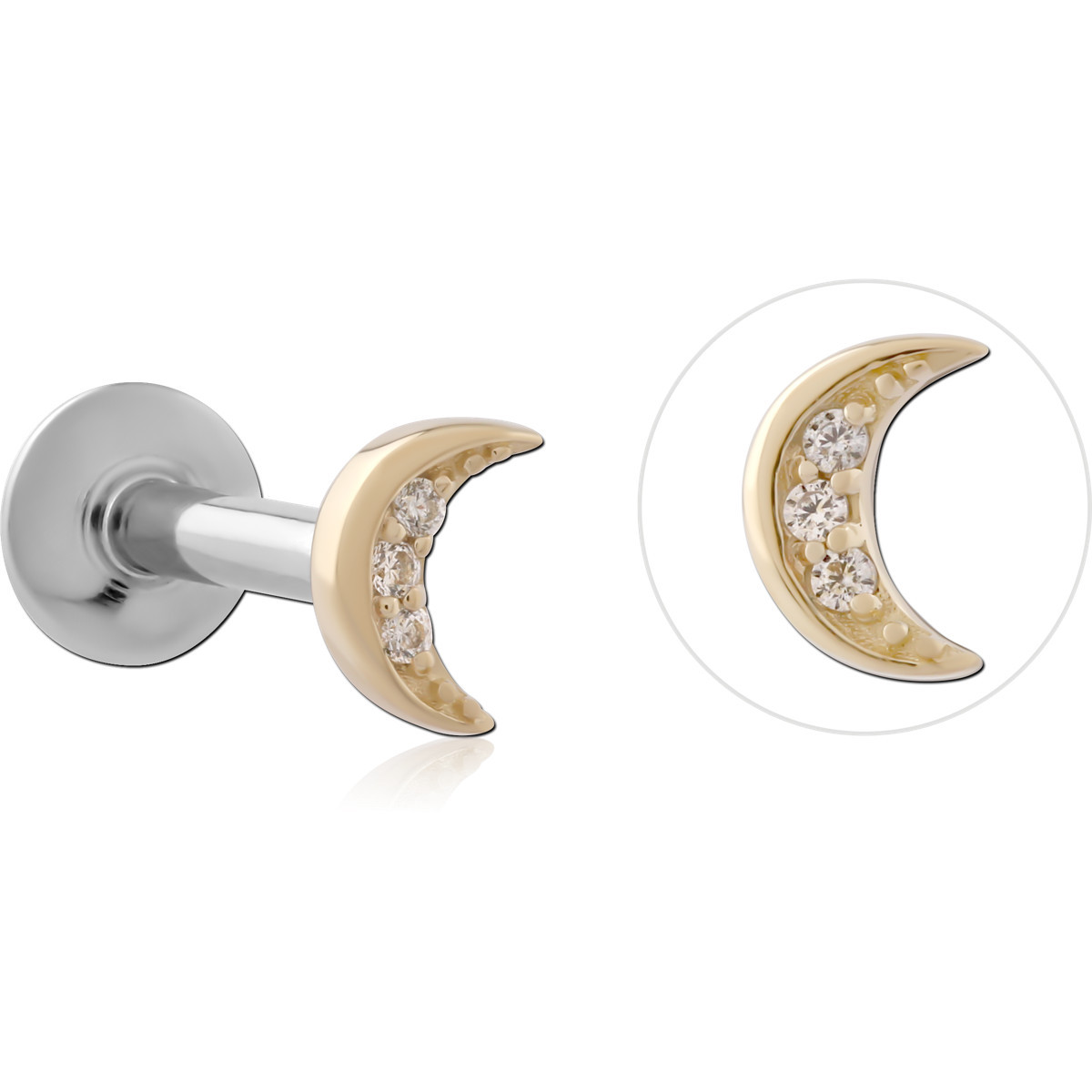 14K YELLOW GOLD TOP WITH SURGICAL STEEL INTERNAL LABRET CRESCENT MOON TRIPLE GEM