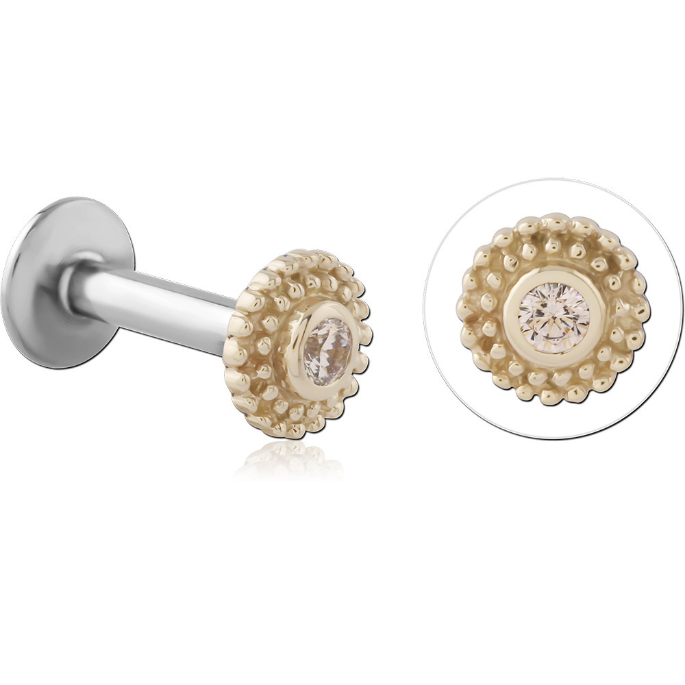 14K YELLOW GOLD TOP WITH SURGICAL STEEL INTERNAL LABRET BEADED HALO GEM