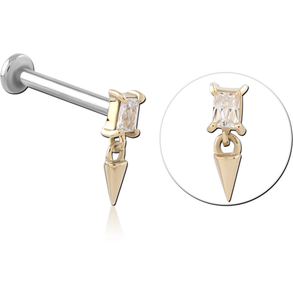 14K YELLOW GOLD TOP WITH SURGICAL STEEL INTERNAL LABRET BAGUETTE GEM WITH SPIKE CHARM