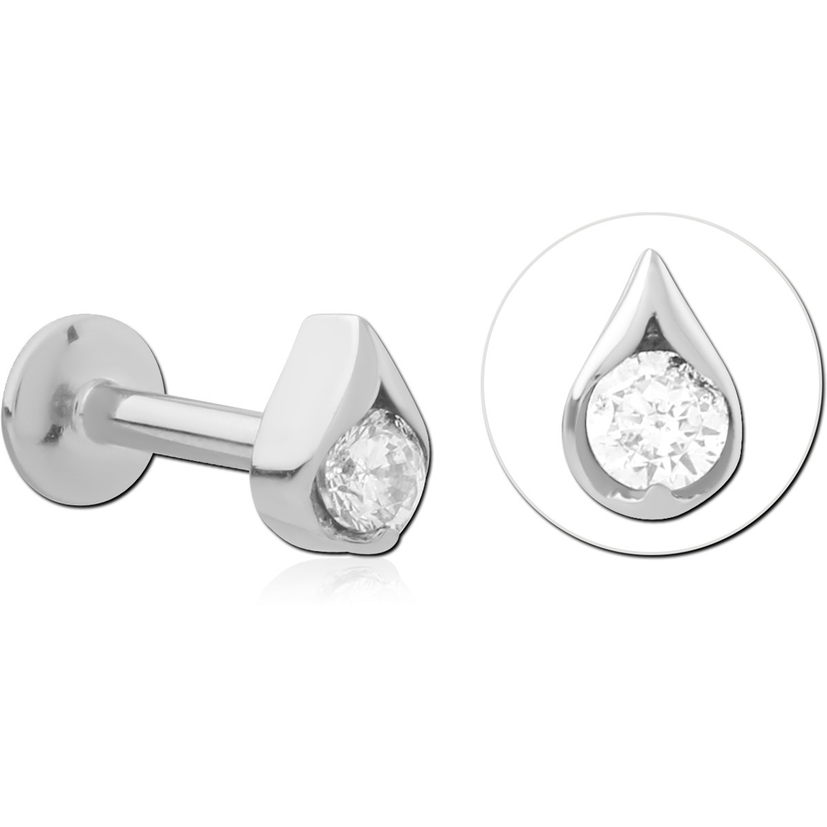 SURGICAL STEEL INTERNAL LABRET FLAT BACK TEARDROP BEZEL CLEAR GEM