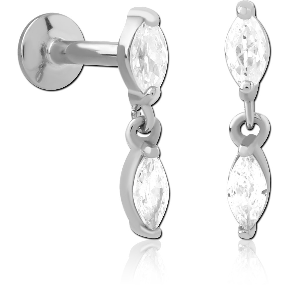 SURGICAL STEEL INTERNAL LABRET FLAT BACK DOUBLE MARQUISE CLEAR GEM DANGLE