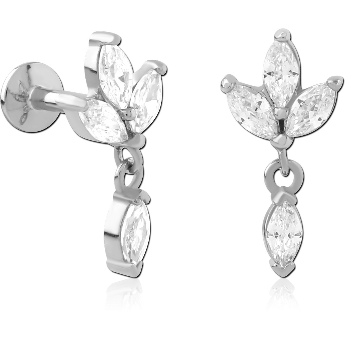 SURGICAL STEEL INTERNAL LABRET FLAT BACK MARQUISE CLUSTER CLEAR GEM DANGLE