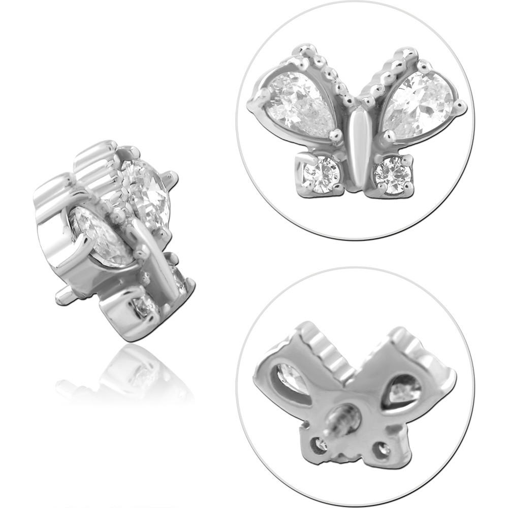 SURGICAL STEEL INTERNAL THREADED ATTACHMENT BUTTERFLY CLEAR GEM CLUSTER TOP