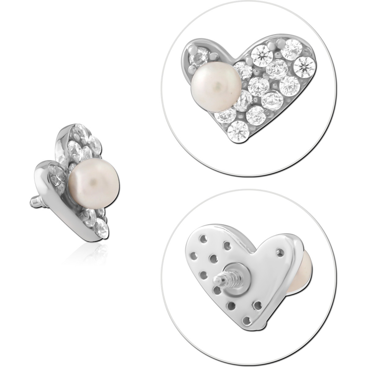 316L SURGICAL STEEL INTERNAL THREADED ATTACHMENT HEART CLEAR GEM AND PEARL
