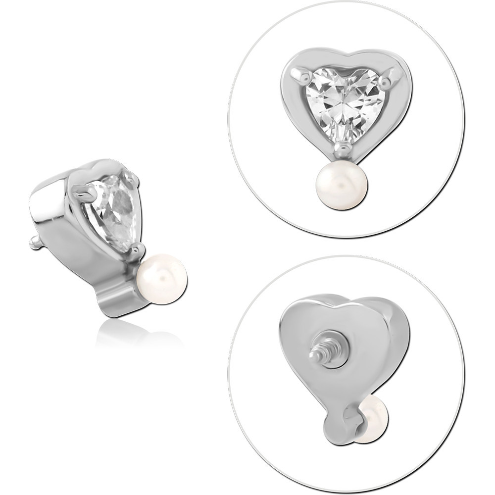SURGICAL STEEL INTERNAL THREADED ATTACHMENT HEART GEM WITH PEARL DANGLE
