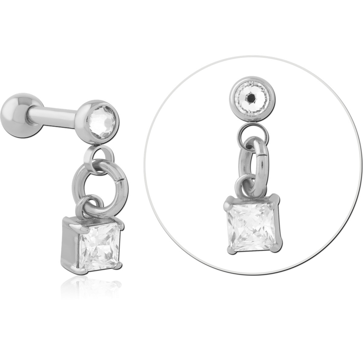 316L SURGICAL STEEL MICRO BARBELL CLEAR BEZEL-SET GEM WITH SQUARE CHARM