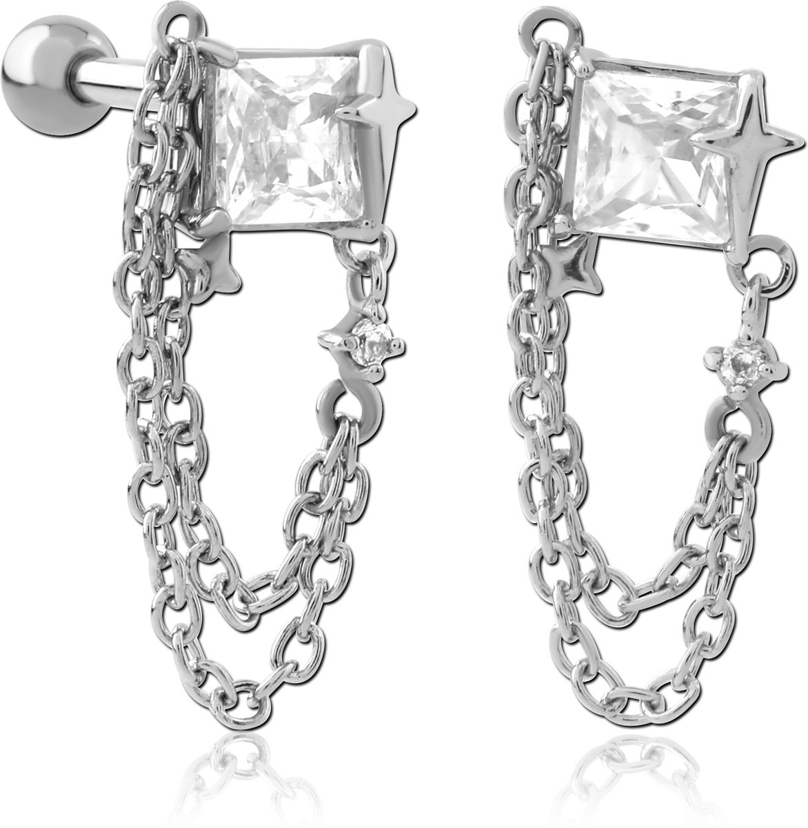 316L SURGICAL STEEL BARBELL SQUARE CLEAR GEM WITH STAR CHARM AND DOUBLE CHAINS