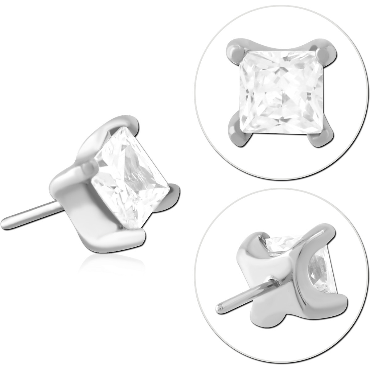 316L SURGICAL STEEL THREADLESS TOP PRINCESS CUT GEM FOUR PRONG