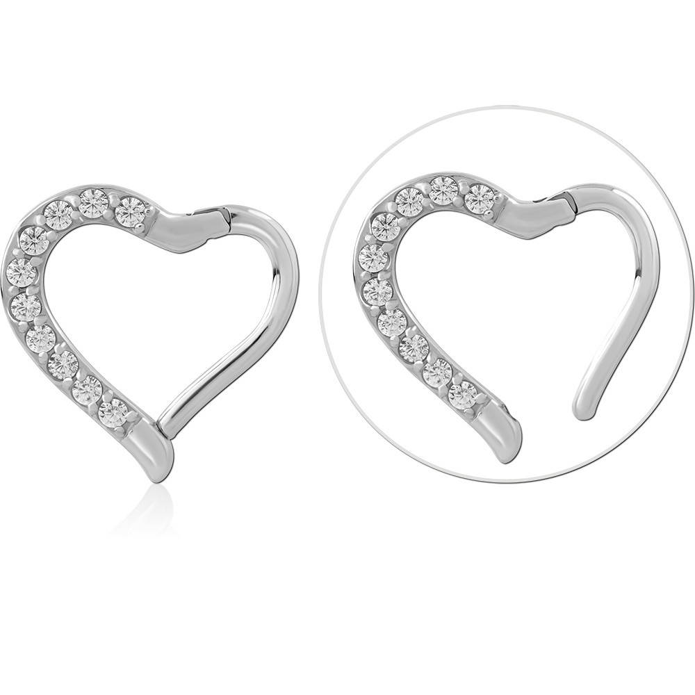 SURGICAL STEEL HINGED SEGMENT RING HEART HALF JEWELLED SIDE DESIGN