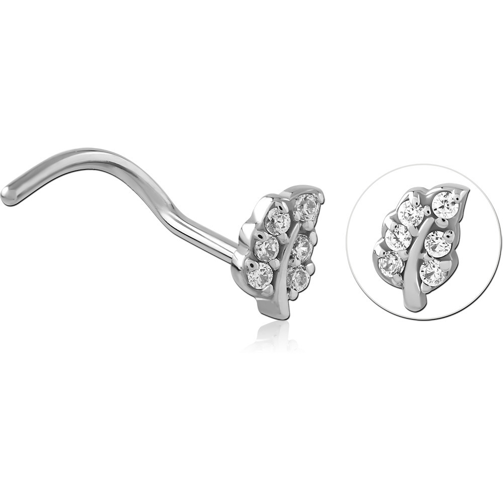 SURGICAL STEEL CURVED JEWELLED NOSE STUD - LEAF