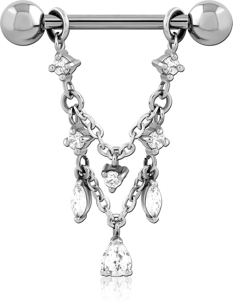SURGICAL STEEL JEWELLED NIPPLE BAR WITH CHAIN