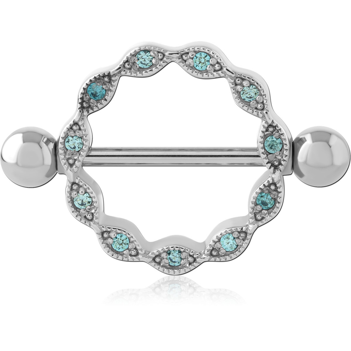 SURGICAL STEEL NIPPLE SHIELD SCALLOPED RING WITH AQUA PAVE GEMS BARBELL
