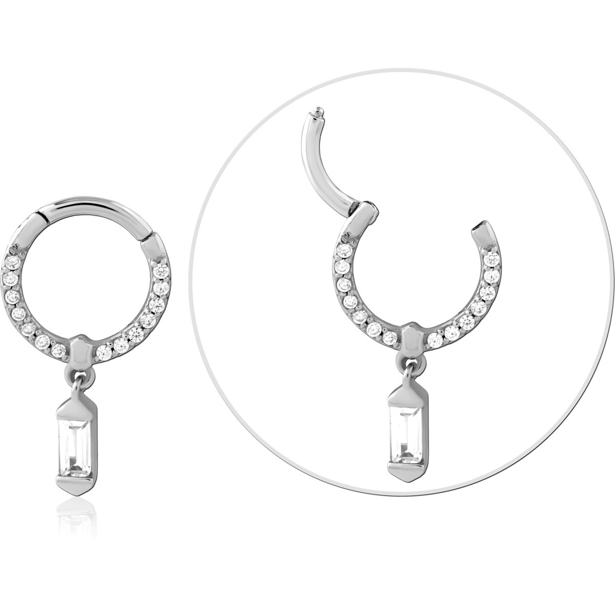 316L SURGICAL STEEL HINGE SEGMENT RING PAVE GEMS WITH BAGUETTE BAR DANGLE