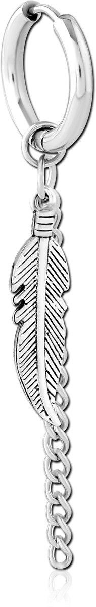 316L SURGICAL STEEL HOOP EARRING WITH FEATHER AND CHAIN CHARMS