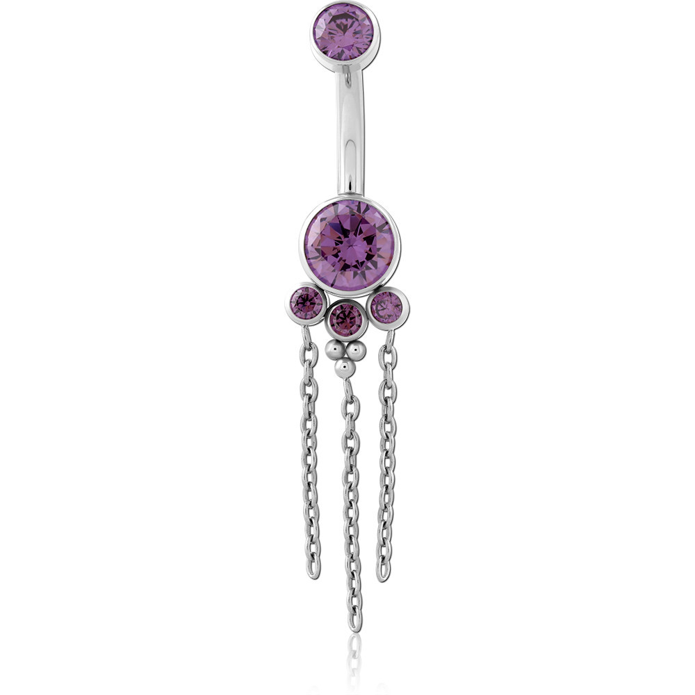 TITANIUM INTERNAL NAVEL BANANA PURPLE GEM CLUSTER WITH TRIPLE CHAINS