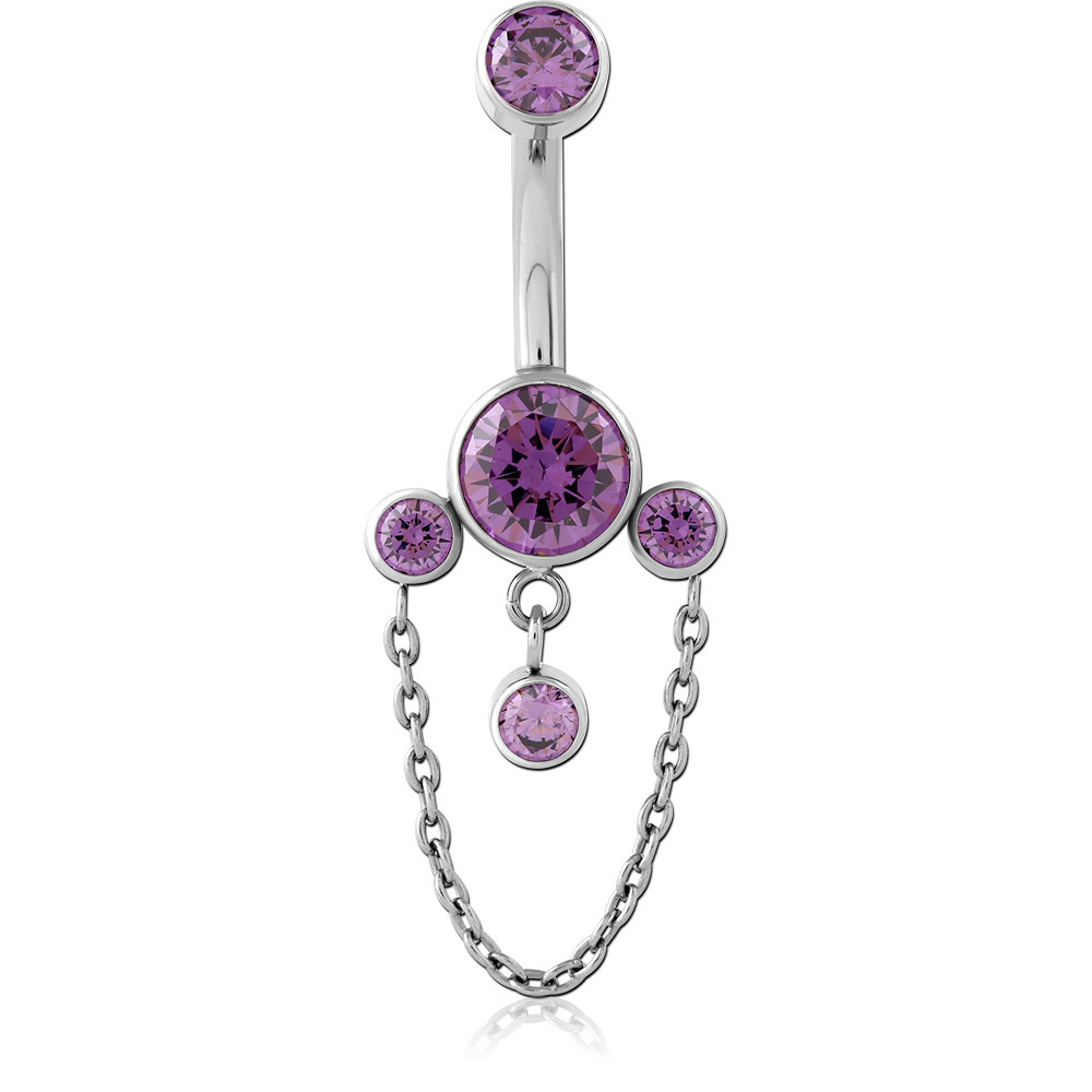TITANIUM INTERNAL NAVEL BANANA PURPLE GEM CLUSTER WITH CHAIN AND DANGLE