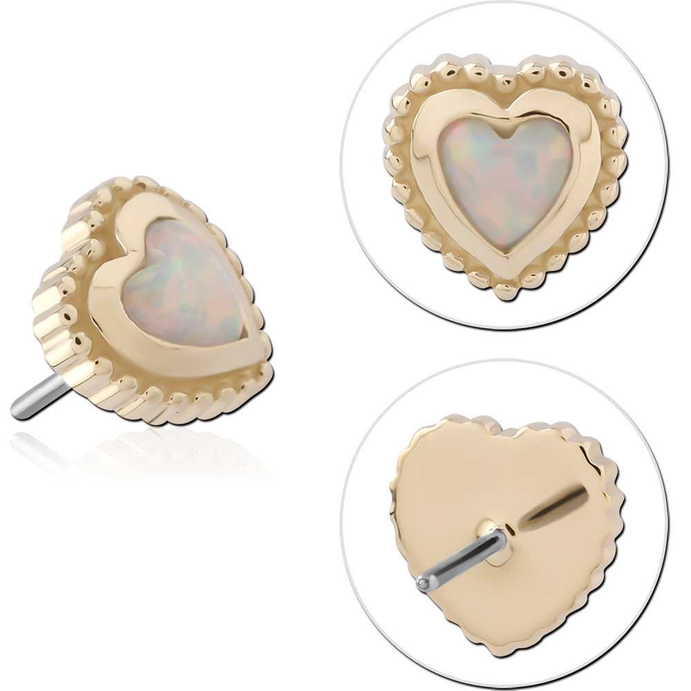 14K YELLOW GOLD THREADLESS TOP WITH TITANIUM PIN HEART OPAL BEADED BORDER