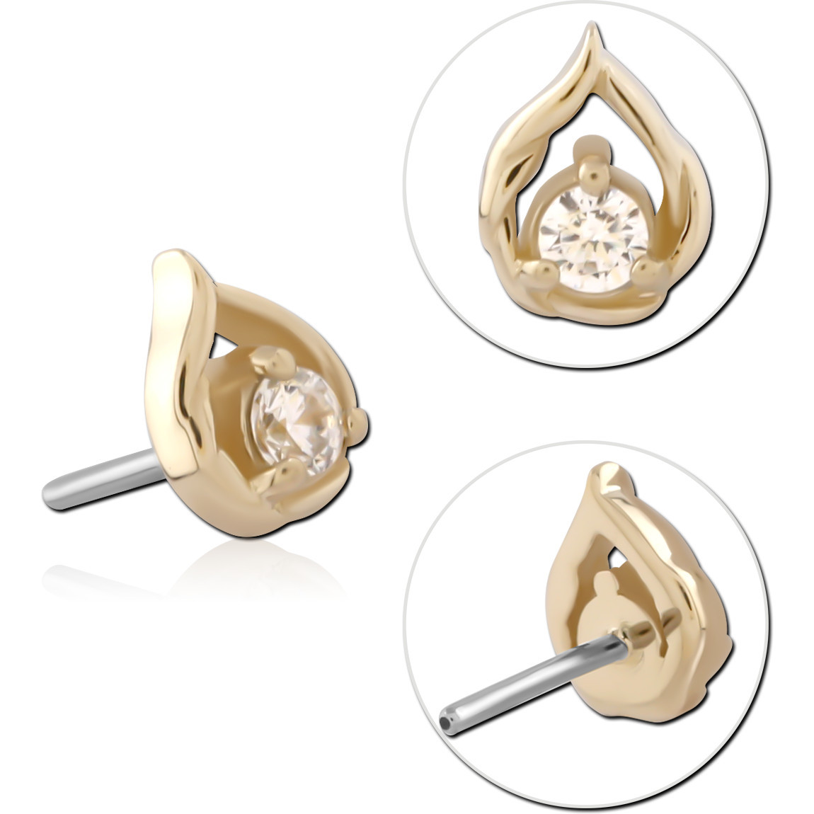 14K YELLOW GOLD THREADLESS TOP WITH TITANIUM PIN TEARDROP FLAME CLEAR GEM