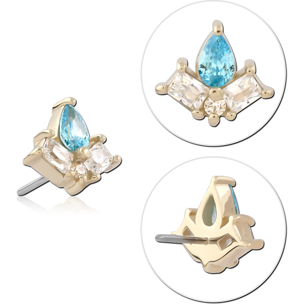 14K YELLOW GOLD THREADLESS TOP WITH TITANIUM PIN LOTUS BLUE PEAR AND BAGUETTE GEMS