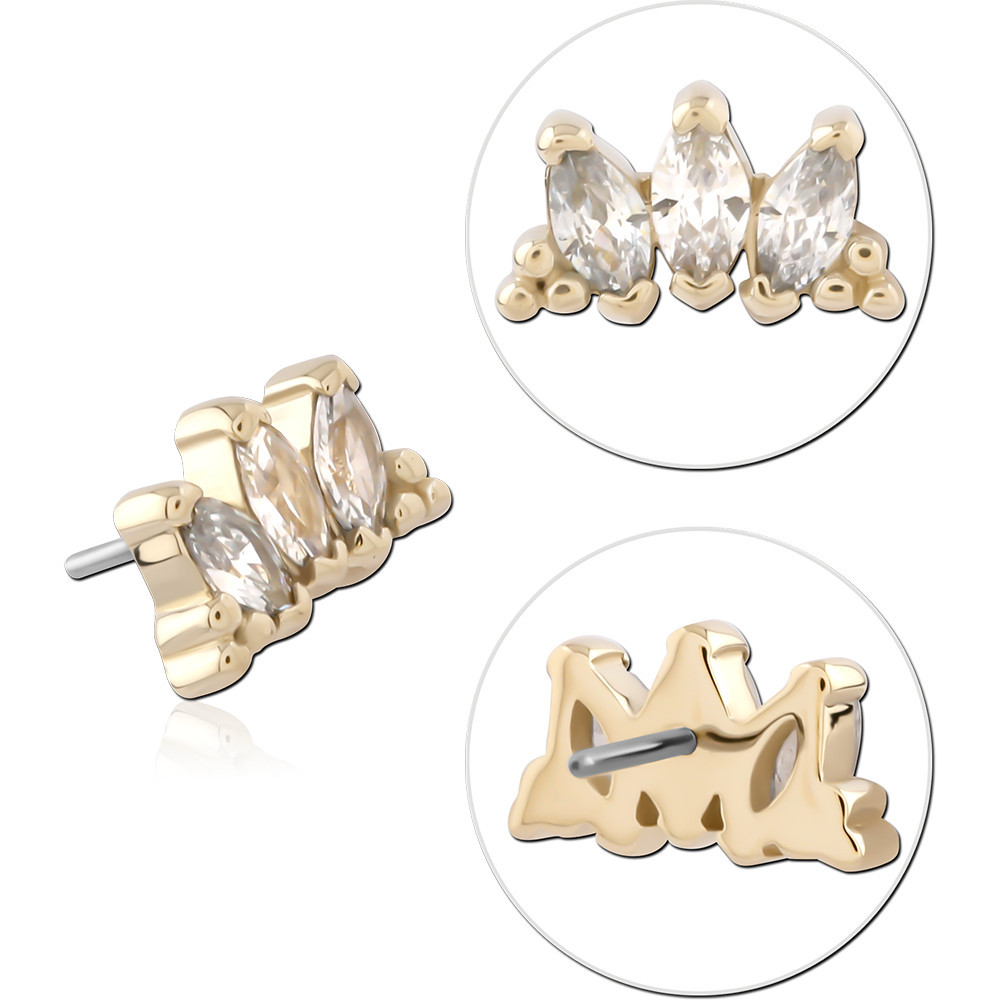 14K YELLOW GOLD TOP WITH TITANIUM THREADLESS PIN TRIPLE MARQUISE CLEAR GEM CLUSTER