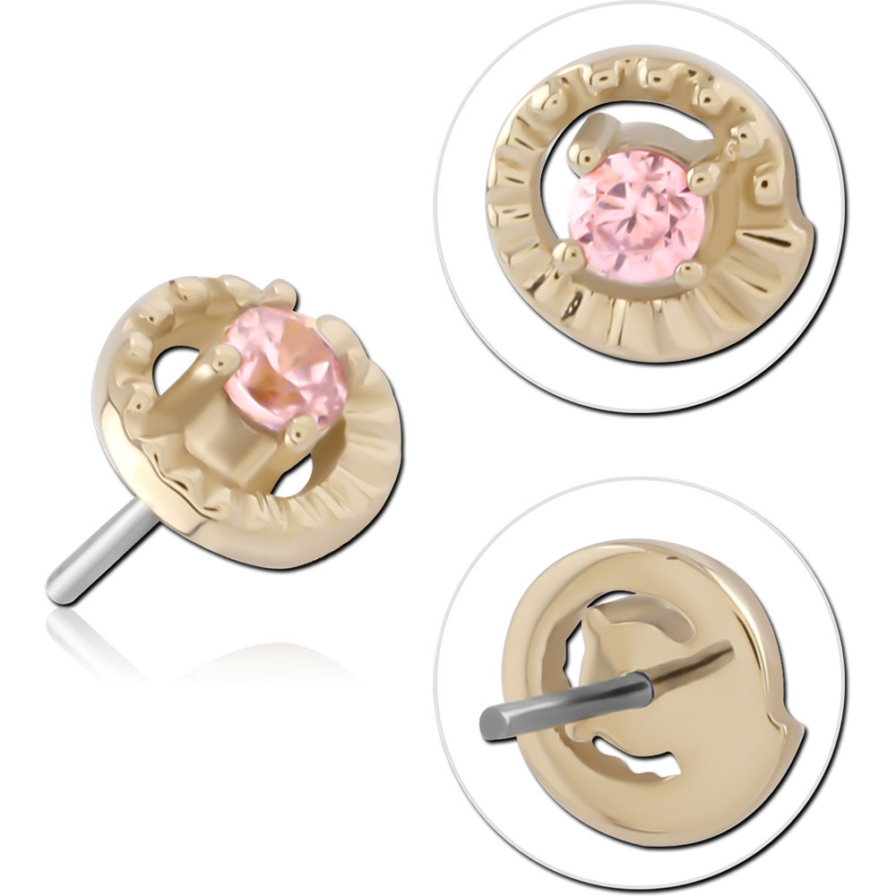 14K YELLOW GOLD TOP WITH TITANIUM THREADLESS PIN TEXTURED CIRCLE WITH PINK CENTER GEM