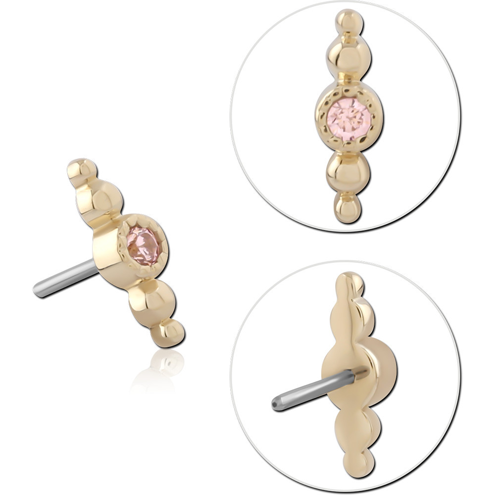 14K YELLOW GOLD TOP WITH TITANIUM THREADLESS PIN BEADED BAR WITH PINK BEZEL GEM