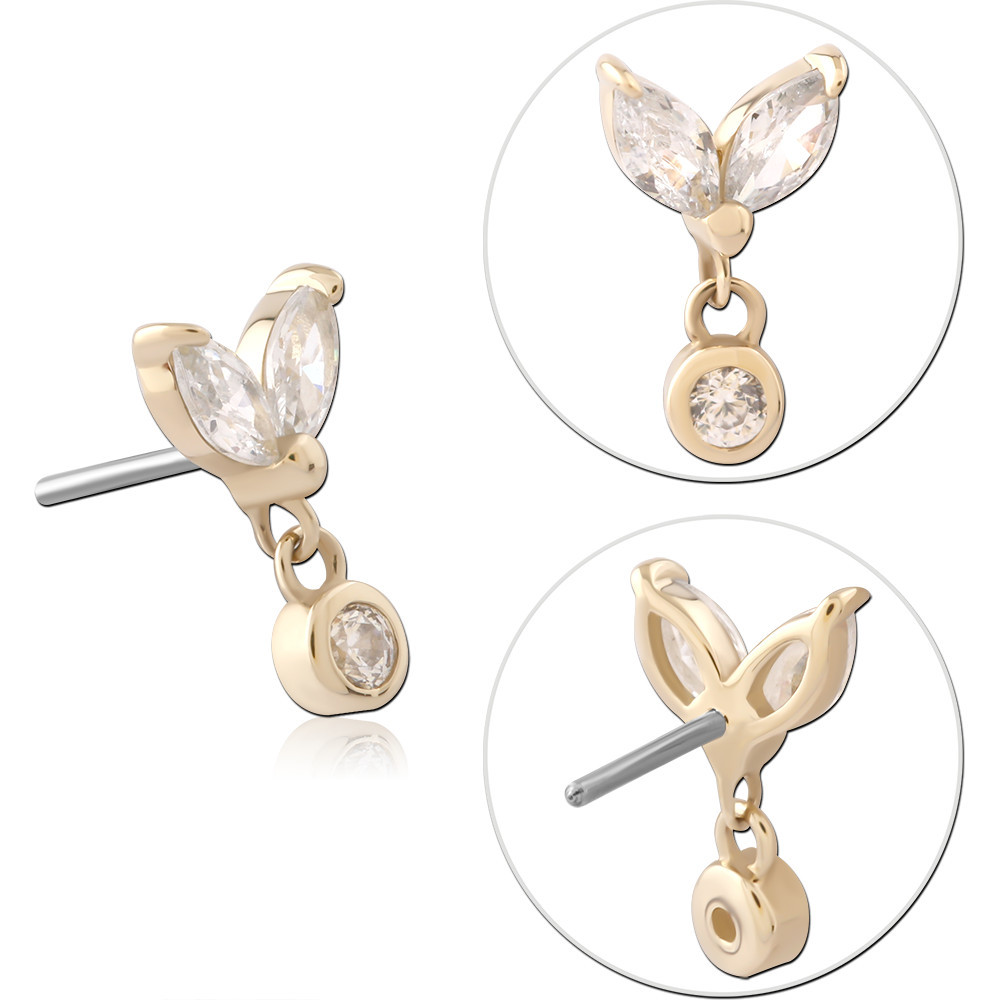 14K YELLOW GOLD TOP WITH TITANIUM THREADLESS PIN DOUBLE MARQUISE GEMS WITH BEZEL DANGLE