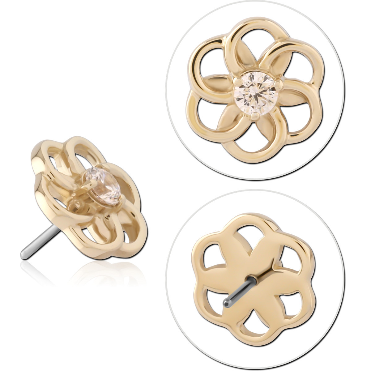14K YELLOW GOLD TOP WITH TITANIUM THREADLESS PIN OPEN PETAL FLOWER GEM