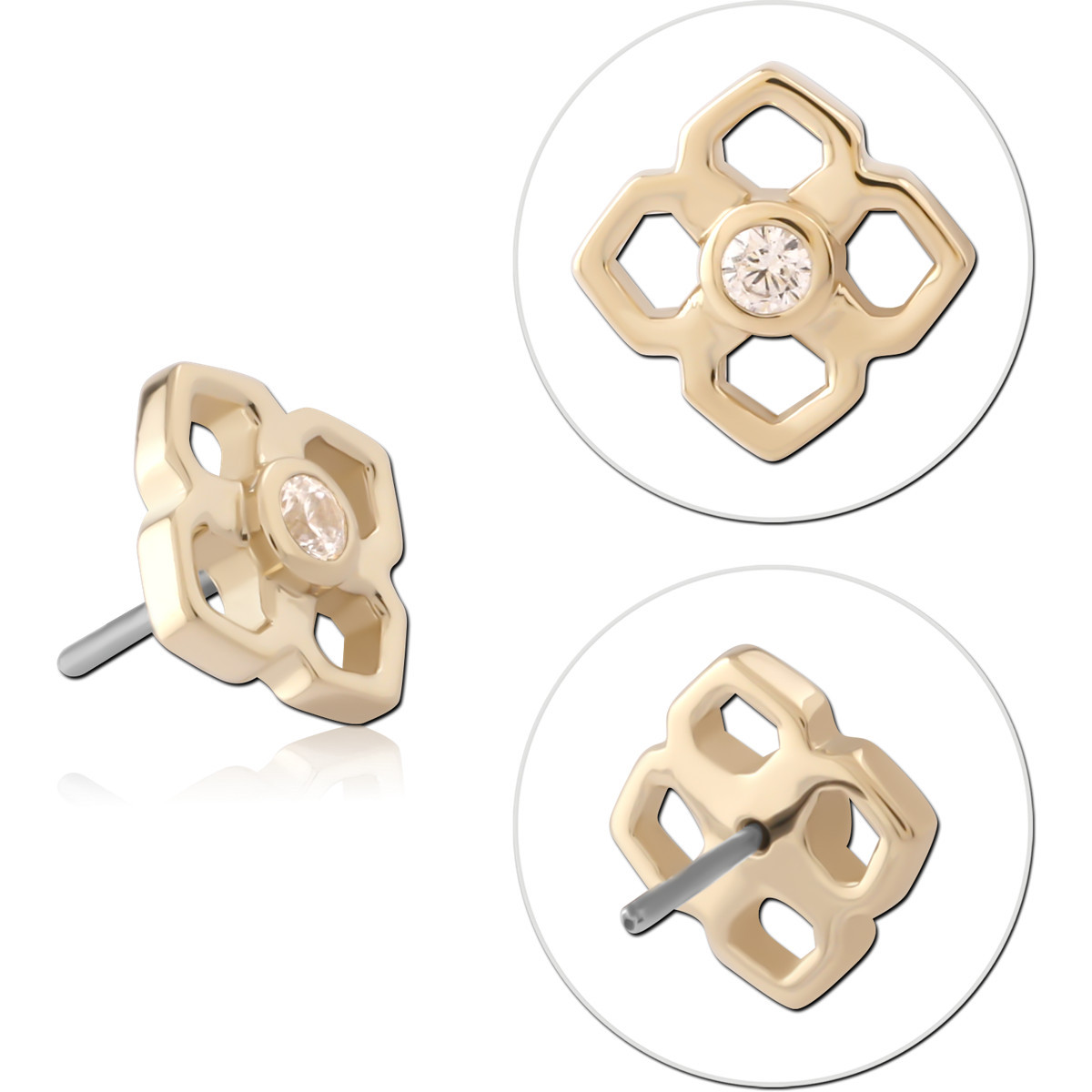 14K YELLOW GOLD TOP WITH TITANIUM THREADLESS PIN OPEN QUATREFOIL GEM