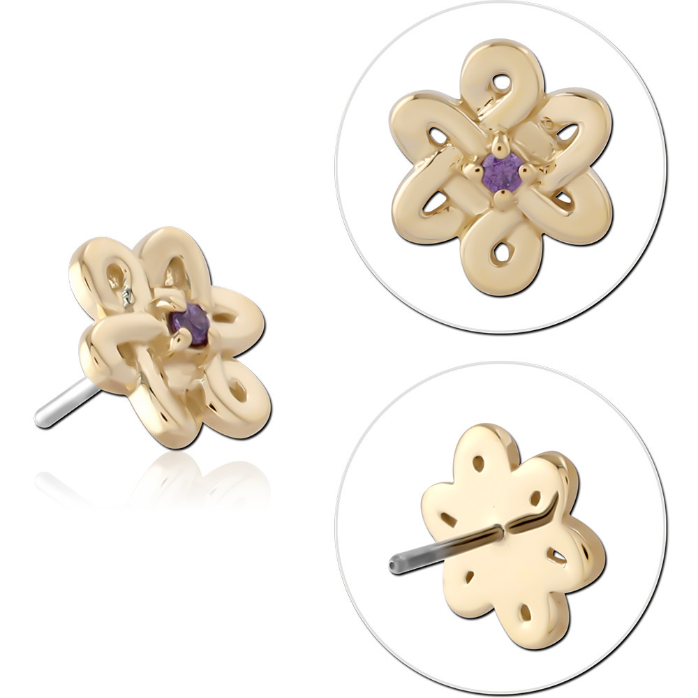 14K YELLOW GOLD TOP WITH TITANIUM THREADLESS PIN OPEN FLOWER PURPLE GEM