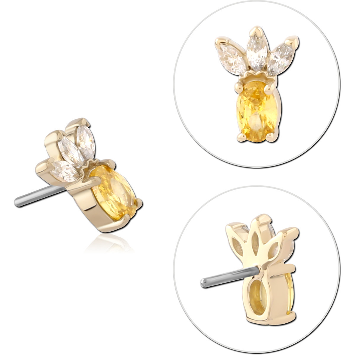 14K YELLOW GOLD ATTACHMENT WITH TITANIUM THREADLESS TOP OVAL YELLOW GEM CLUSTER