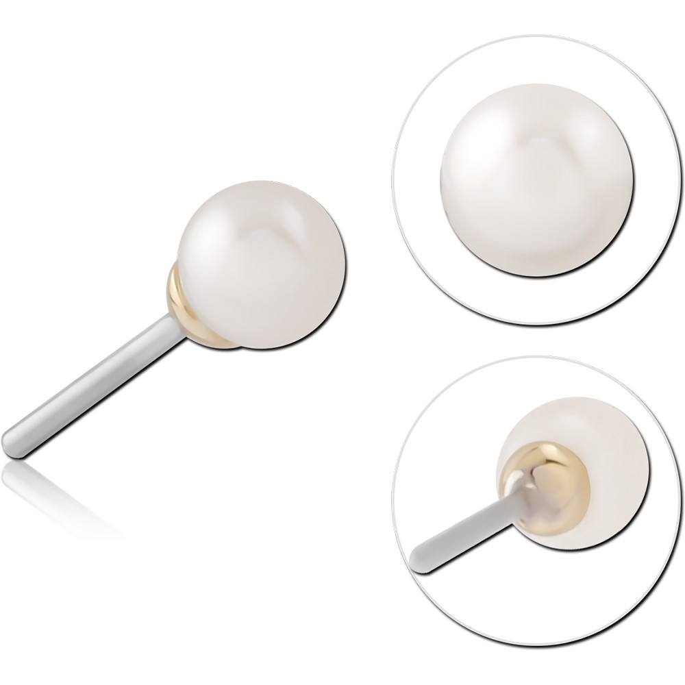 14K GOLD FRESH WATER PEARL BALL 2MM JEWELLED ATTACHMENT TITANIUM THREADLESS PIN