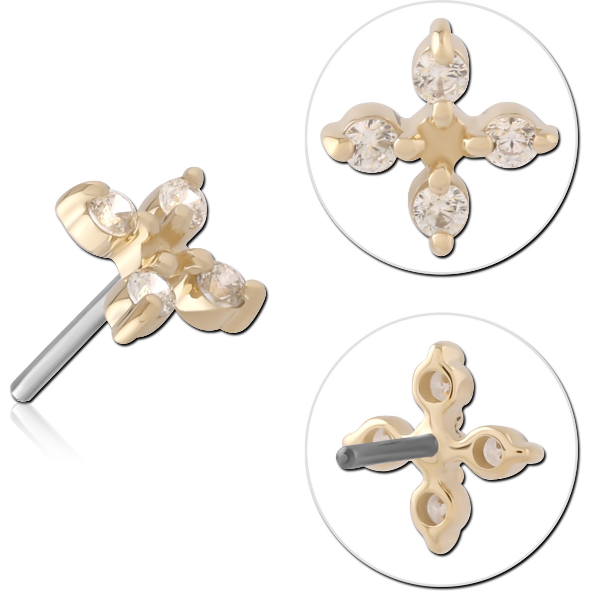 14K YELLOW GOLD ATTACHMENT WITH TITANIUM THREADLESS TOP FOUR GREEN GEM CLOVER