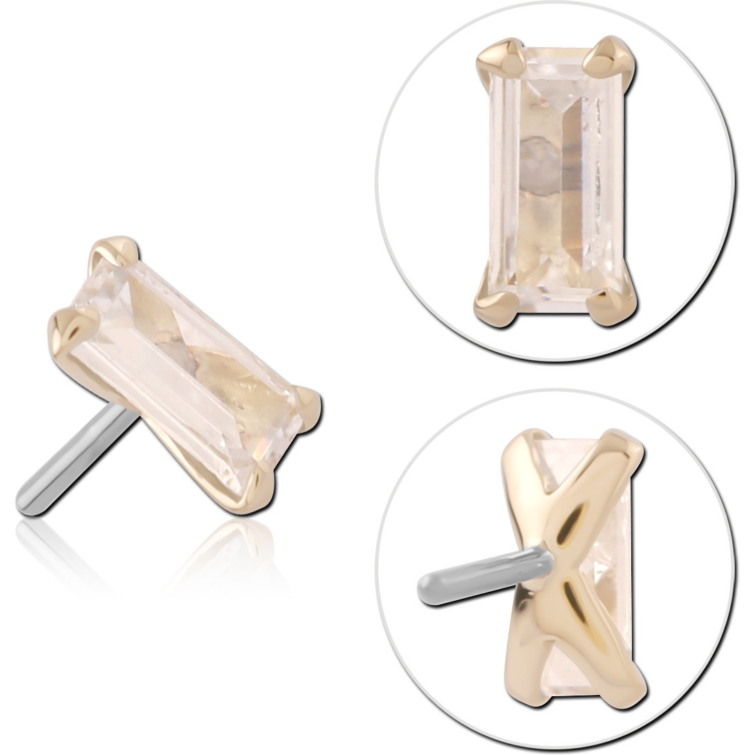 14K YELLOW GOLD TOP WITH TITANIUM THREADLESS PIN PRONG SET BAGUETTE GEM